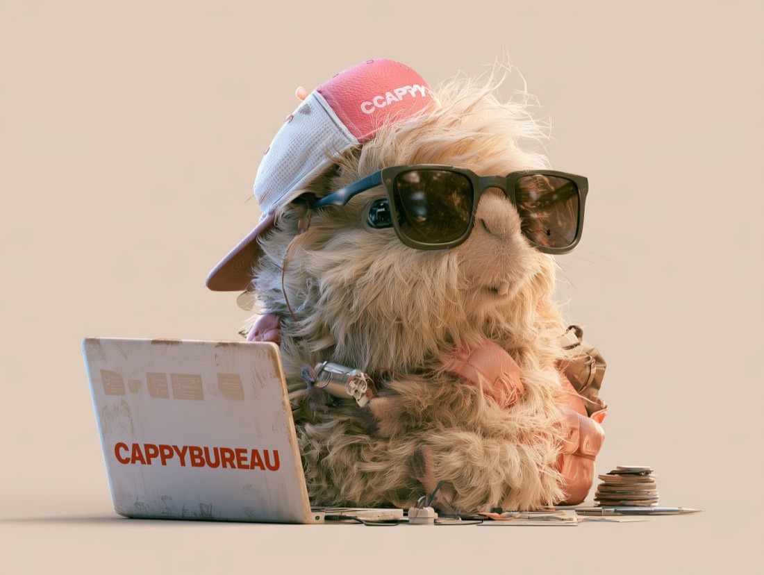 A shaggy capybara in a backwards cap and dark sunglasses, next to a laptop, some loose wires and a stack of coins