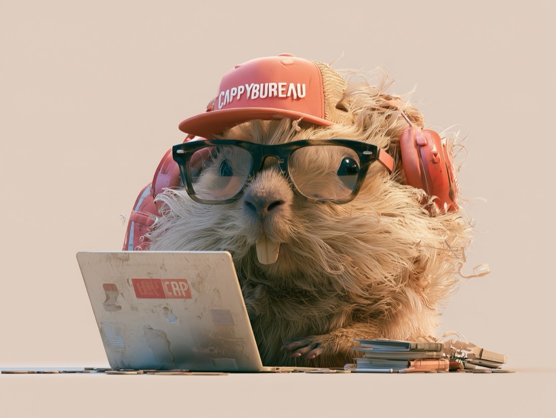 A bespectacled capybara with headphones and a Cappybureau cap, peering over a laptop beside a stack of books