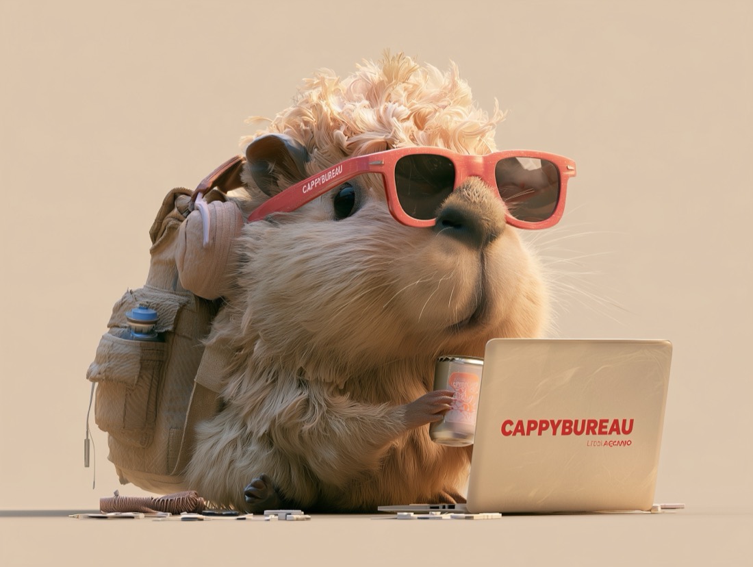 A capybara in red sunglasses with a backpack, sipping a drink next to a Cappybureau laptop