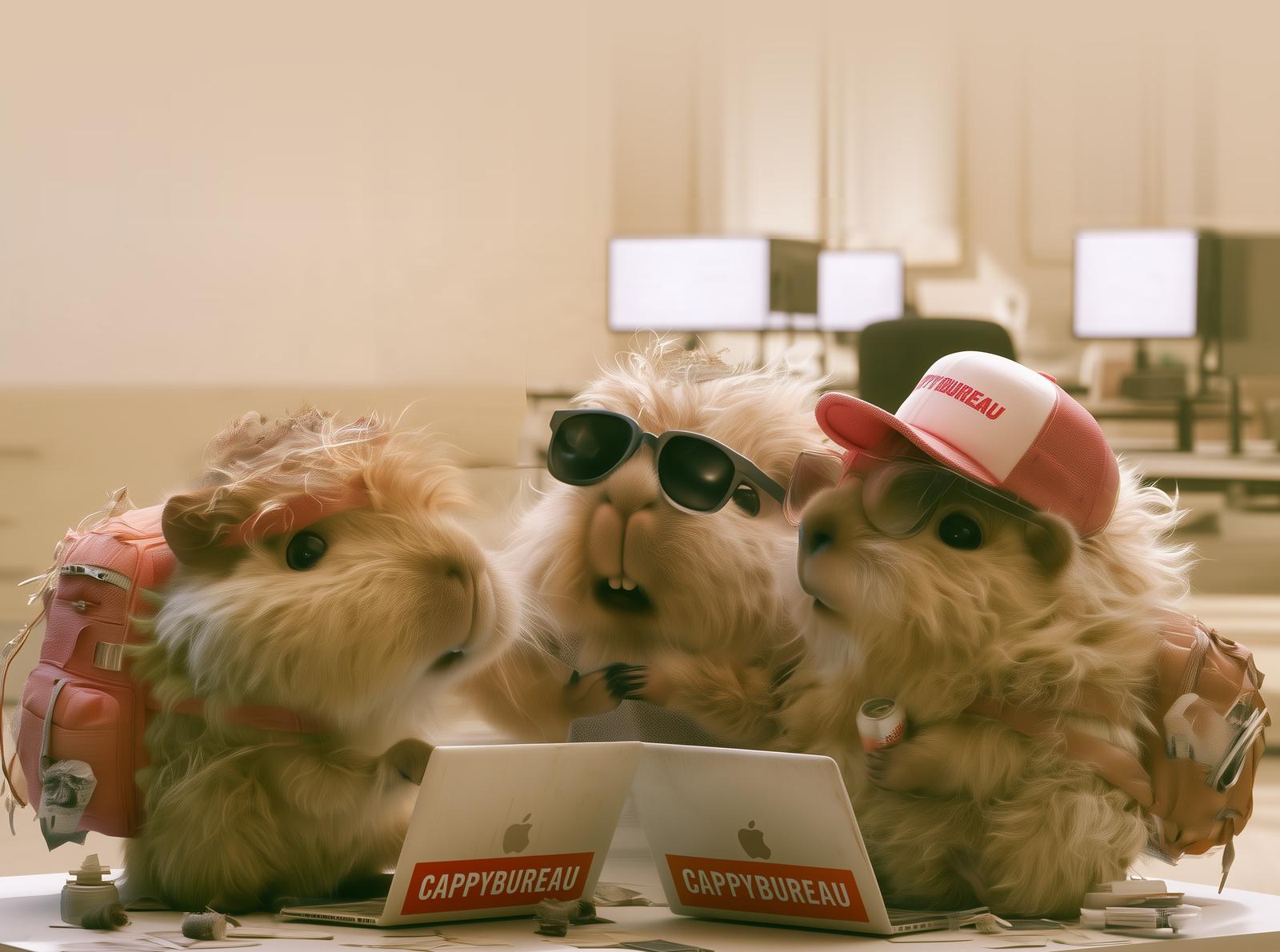 Three capybaras huddle round two Cappybureau laptops in a sunny office, one in dark sunglasses and one in a red Cappybureau cap
